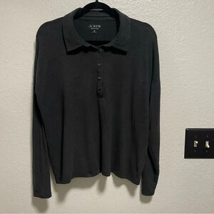 J. Crew Relaxed Long-Sleeve Stretch Black Linen Blend Polo Shirt - Size Medium